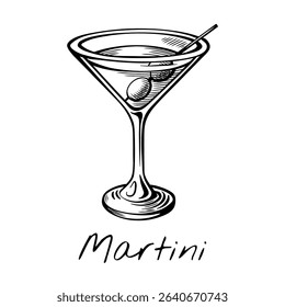 Hand-drawn vector illustration of Martini cocktail with olive in a classic glass. Retro bar sketch perfect for elegant menu design, nightlife content, or mixology visuals.