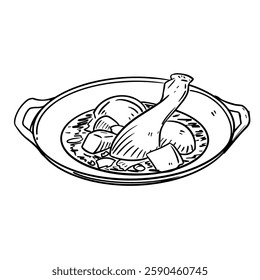 Hand-drawn vector illustration of Massaman Curry, a rich Thai dish. This detailed line art depicts a serving in a dish, showcasing key ingredients like chicken, potatoes, peanuts, and onions simmered 