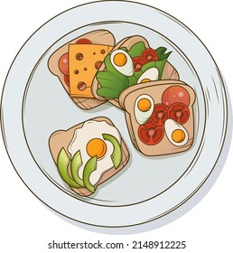 Hand-drawn vector illustration of meal with sandwiches with fried egg, cheese, avocado. Bright illustration for decoration of menu, café design, decoration of poster, banner, website, card.