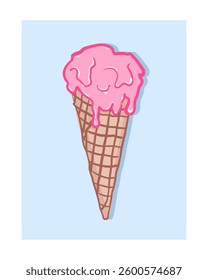 Hand-drawn Vector Illustration of a Melting Pink Ice Cream Cone