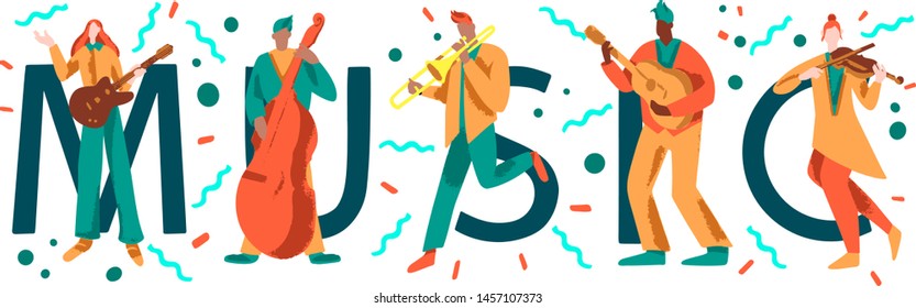 Hand-drawn vector illustration, men and women play musical instruments. Colourful vector illustration in flat cartoon style