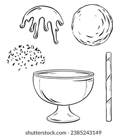 Hand-drawn vector illustration. Menu constructor. Ice cream scoop, dish, liquid topping, sprinkles, crispy wafer stick. Create your own delicious dessert. For menus decorating shops, cafes