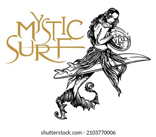 Hand-drawn vector illustration of a mermaid on a surfboard.