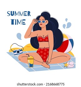 Hand-drawn vector illustration in a minimalist style with a print of a bohemian beautiful girl having a picnic on the beach alone, isolated on a white background