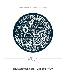 Ilustração vetorial desenhada à mão da Lua com crateras estilizadas, linhas negras em negrito e textura de trabalho de ponto abstrato. Arte gráfica celestial com vintage gravura sentir. Parte do conjunto.