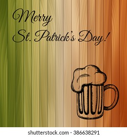 Hand-drawn vector illustration of a mug of beer on wooden background tinted with the colours of the national flag of Ireland. St. Patrick's Day celebration design with a space for your text, eps10.