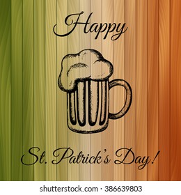 Hand-drawn vector illustration of a mug of beer on wooden background tinted with the colours of the national flag of Ireland. St. Patrick's Day celebration design, eps10.