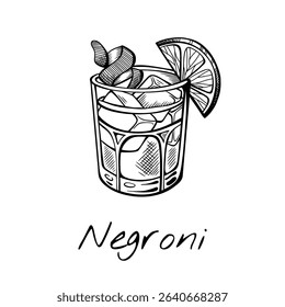 Hand-drawn vector illustration of Negroni cocktail with orange slice in lowball glass. Vintage bar sketch perfect for menu design, mixology blogs, or drink labels.