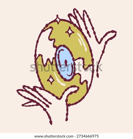 Hand-drawn vector illustration of a new colored record and the hands. Retro doodle for record stores, music lovers, hobby projects, vintage branding, posters, and stickers.