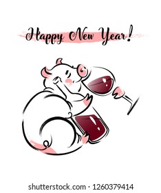 Hand-drawn vector illustration of a New Year Pig with glass of wine and bottle