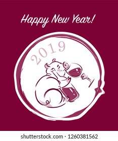 Hand-drawn vector illustration of a New Year happy Pig with glass of wine and bottle