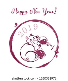 Hand-drawn vector illustration of a New Year Pig with glass of wine and bottle