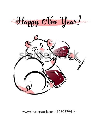 Hand-drawn vector illustration of a New Year Pig with glass of wine and bottle