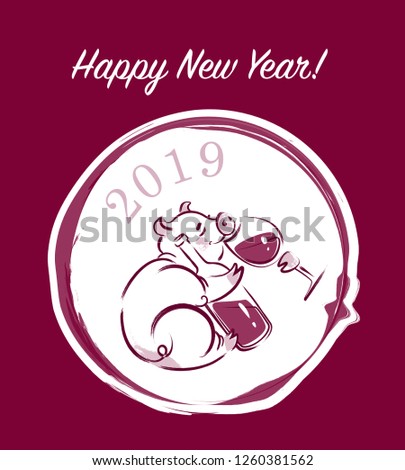 Hand-drawn vector illustration of a New Year happy Pig with glass of wine and bottle