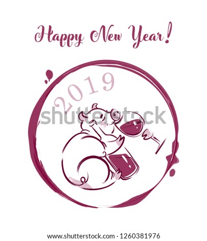 Hand-drawn vector illustration of a New Year Pig with glass of wine and bottle