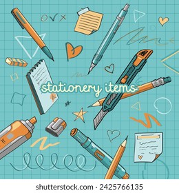 hand-drawn vector illustration of office and school supplies on a blue background. Set, collection, postcard, items