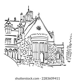 Hand-Drawn Vector Illustration of an Old Country House Street with a Lush Garden. hand-drawn sketch on white background