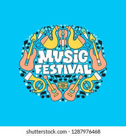 Handdrawn vector illustration on music festival  - lettering and illustrations of musical instruments. Poster or t-shirt design