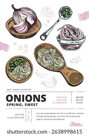 Hand-drawn vector illustration of onions in kitchen bowls, cutting boards, and spoons. Vintage food elements perfect for recipes, cookbooks, and rustic culinary design.