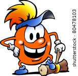 Hand-drawn Vector illustration of an Orange Goblin with a big hammer