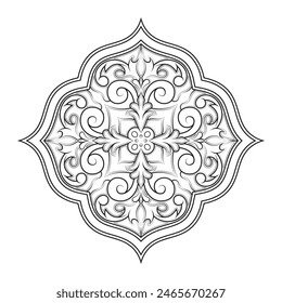 Hand-drawn vector illustration, ornate mandala design. Detailed, symmetrical pattern, elegant floral elements. Coloring books, decorative art, invitations. Black line art, isolated on white background