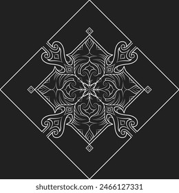 Hand-drawn vector illustration, ornate mandala design. Detailed, symmetrical pattern, elegant floral elements. Coloring books, decorative art, invitations. White line art, isolated on black background