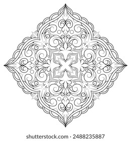 Hand-drawn vector illustration, ornate mandala design. Detailed, symmetrical pattern, elegant floral elements. Coloring books, decorative art, invitations. Black line art, isolated on white background