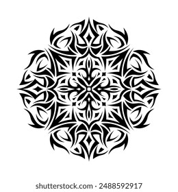 Hand-drawn vector illustration, ornate mandala design. Detailed, symmetrical pattern, elegant floral elements. Coloring books, decorative art, invitations. White line art, isolated on black background