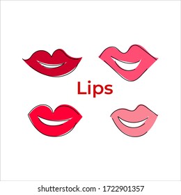 Hand-drawn vector illustration of painted lips. Female mouth. Smile. Set. Flat.