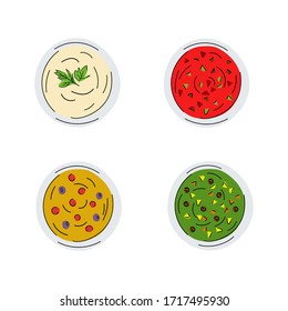 
Handgezeichnete Vektorillustration Illustration von Pfanne mit weißer Sauce, würziger Tomatensauce, Senfsauce, grüner Sauce. Pesto, Mayonnaise, sauer Sahne, Grill, Chilischoten. Draufsicht mit verschiedenen Zutaten