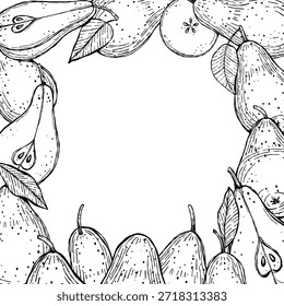 Ilustración vectorial dibujada a mano de peras dispuestas en un marco cuadrado decorativo. Una Plantilla botánica incluye peras enteras y en rodajas con hojas con un texto de lugar vacío para insertar. 