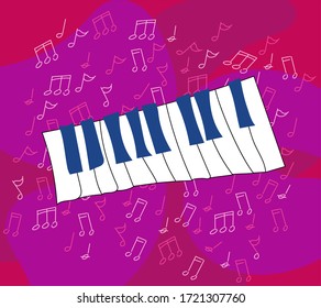 
Hand-drawn vector illustration of a piano keyboard on a colored background with notes. Keys. Jazz, classical music. Musical instrument. Flat.