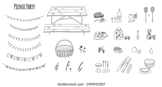 Hand-drawn vector illustration of picnic party elements – basket, picnic table, snacks, wine, beer, lemonade, fruits, cheese, pie, watermelon, and party garlands. Cartoon doodle isolated on white 