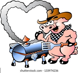 Hand-drawn Vector illustration of an Pig making BBQ