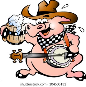 Hand-drawn Vector illustration of an pig playing banjo