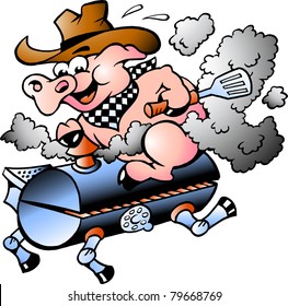 Hand-drawn Vector illustration of an Pig riding on a BBQ barrel