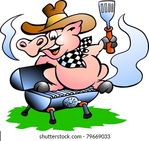 Hand-drawn Vector illustration of an Pig sitting on a BBQ barrel