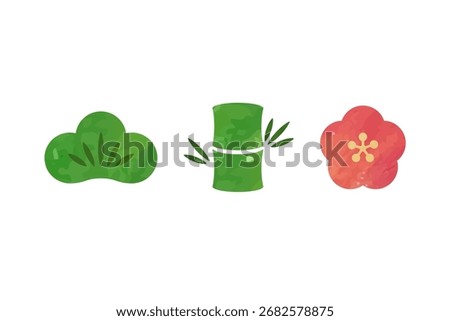 Hand-drawn vector illustration of pine, bamboo, plum isolated on background.