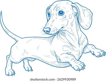 Hand-drawn vector illustration of a playful Dachshund turning its head with lifted paw in a vintage sketch style

