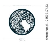 Hand-drawn vector illustration of Pluto with abstract surface texture and bold graphic lines. Stylized dwarf planet in vintage engraving style. Ideal for astronomy themes. Part of set.