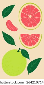 Hand-drawn vector illustration of Pomelos with leaves – fresh, juicy green fruits in a cute and playful cartoon style on peach background