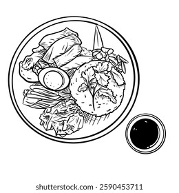 Hand-drawn vector illustration of pork stew served on a round plate with a small bowl of sauce or condiment. The detailed line art depicts a hearty portion of pork stew, 