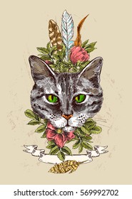 Hand-drawn vector illustration portrait of cat. Sketch style. Use for tattoo, poster, postcard, web, t-shirt print.