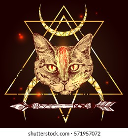 Hand-drawn vector illustration portrait of cat. Sketch style. Use for tattoo, poster, postcard, web, t-shirt print.