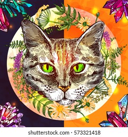 Retrato de gatos dibujado a mano. Estilo de esbozo. Usar para tatuajes, afiches, postales, web, camisetas impresas.
