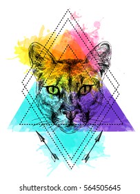 Hand-drawn vector illustration portrait of puma. Sketch style. Use for tattoo, poster, postcard, web, t-shirt print.