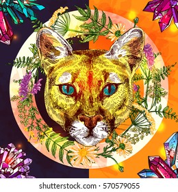 Hand-drawn vector illustration portrait of puma. Sketch style. Use for tattoo, poster, postcard, web, t-shirt print.