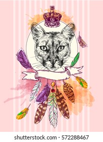 Hand-drawn vector illustration portrait of puma. Sketch style. Use for tattoo, poster, postcard, web, t-shirt print.