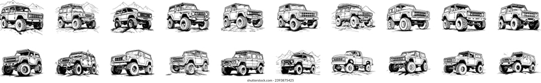 Hand-drawn vector illustration presents a monochrome off-road car ensemble, showcasing rugged vehicle designs ideal for adventure.