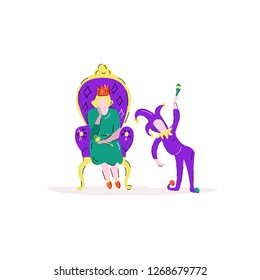 Handdrawn vector illustration of a Queen on a throne and a jester. Cartoon sketch style. 
